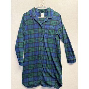 Lands End Womens Green/Blue Plaid Flannel Nightshirt Button-Up Long Sleeve Small